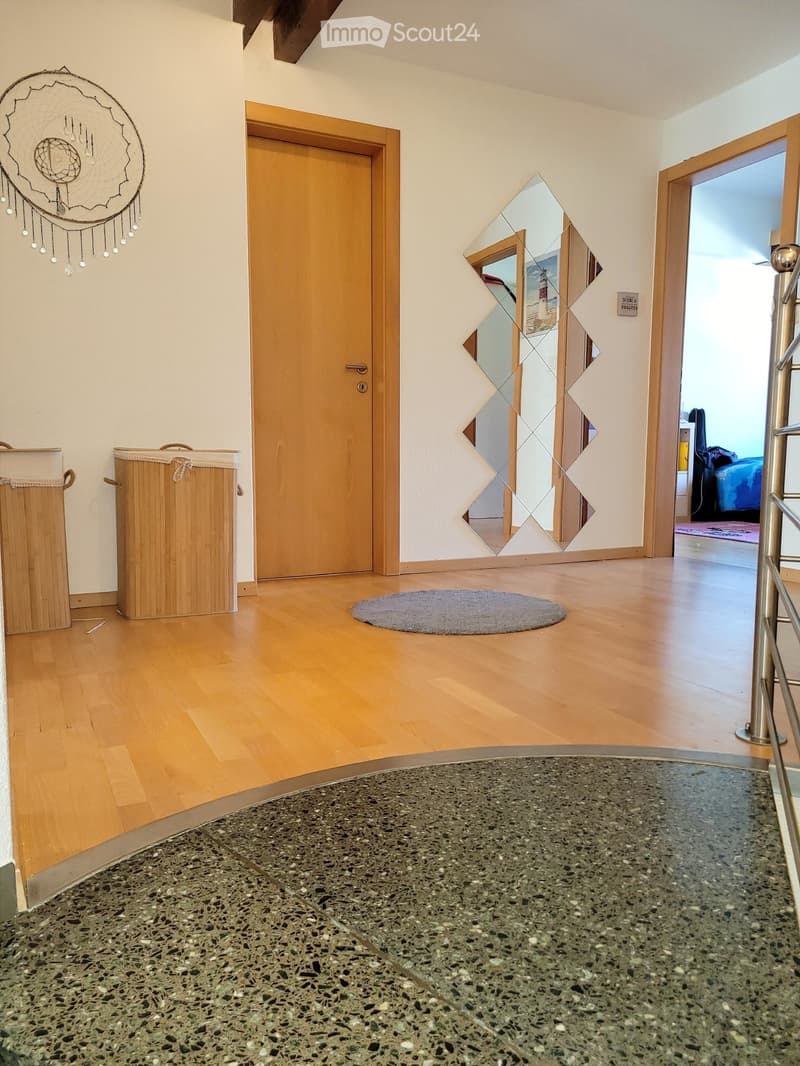 Bright hallway with wooden flooring, a large mirror, a small round rug, and two wooden baskets near the wall.