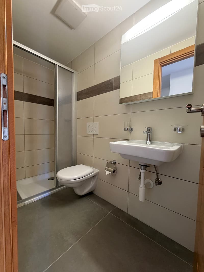 Modern bathroom with a toilet, sink, mirror, and a glass-enclosed shower. Light-colored tiles and wooden accents.