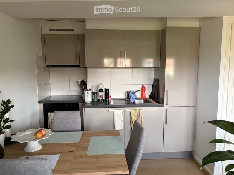 Modern kitchen with grey cabinets, a wooden dining table, two chairs, a cake on the table, and various appliances including an oven, sink, and dishwasher.