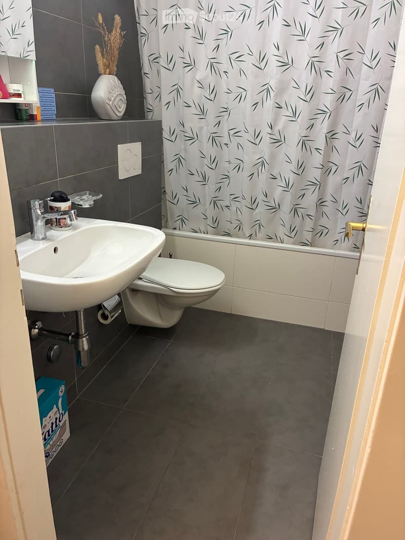 Modern bathroom with dark grey tiles, white sink, chrome faucet, toilet, bathtub, and decorative vase on shelf.