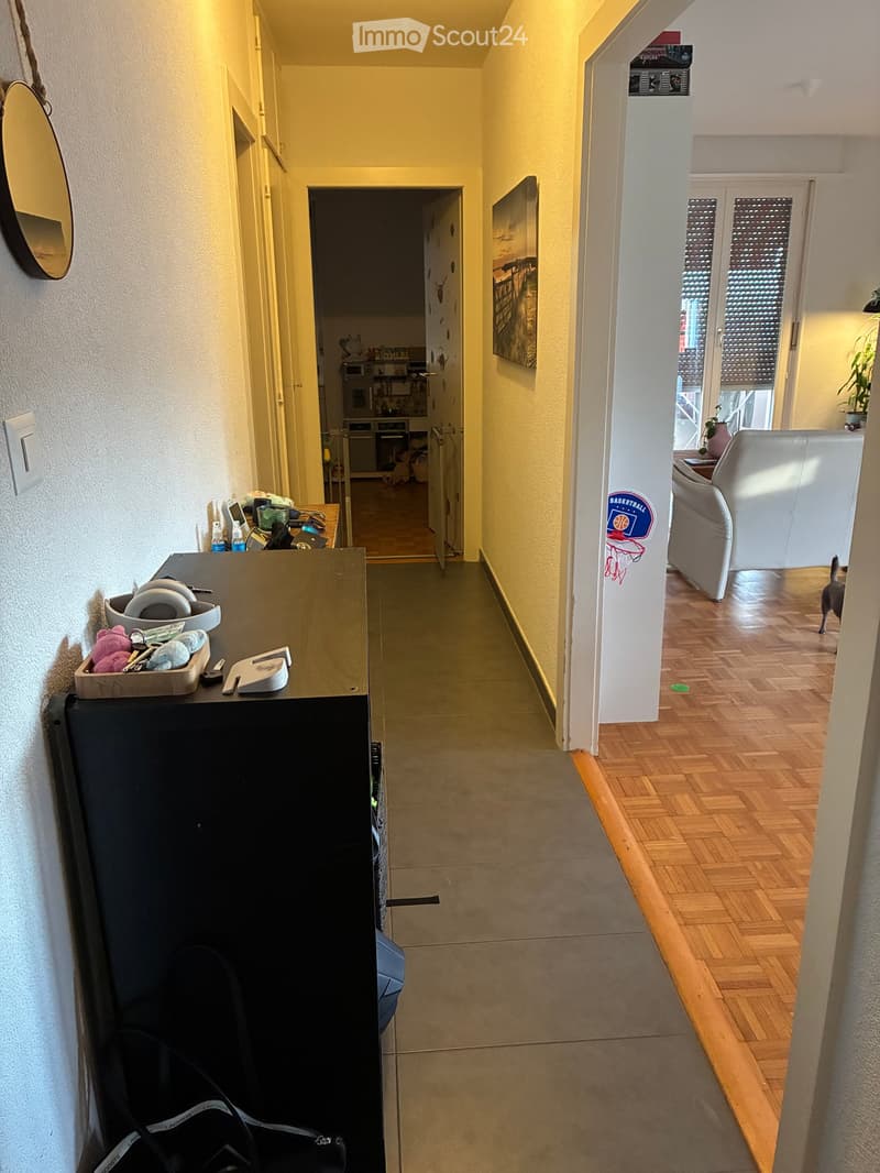 Hallway with wooden flooring, leading to a living area with a sofa and a kitchen area with cabinets and appliances.