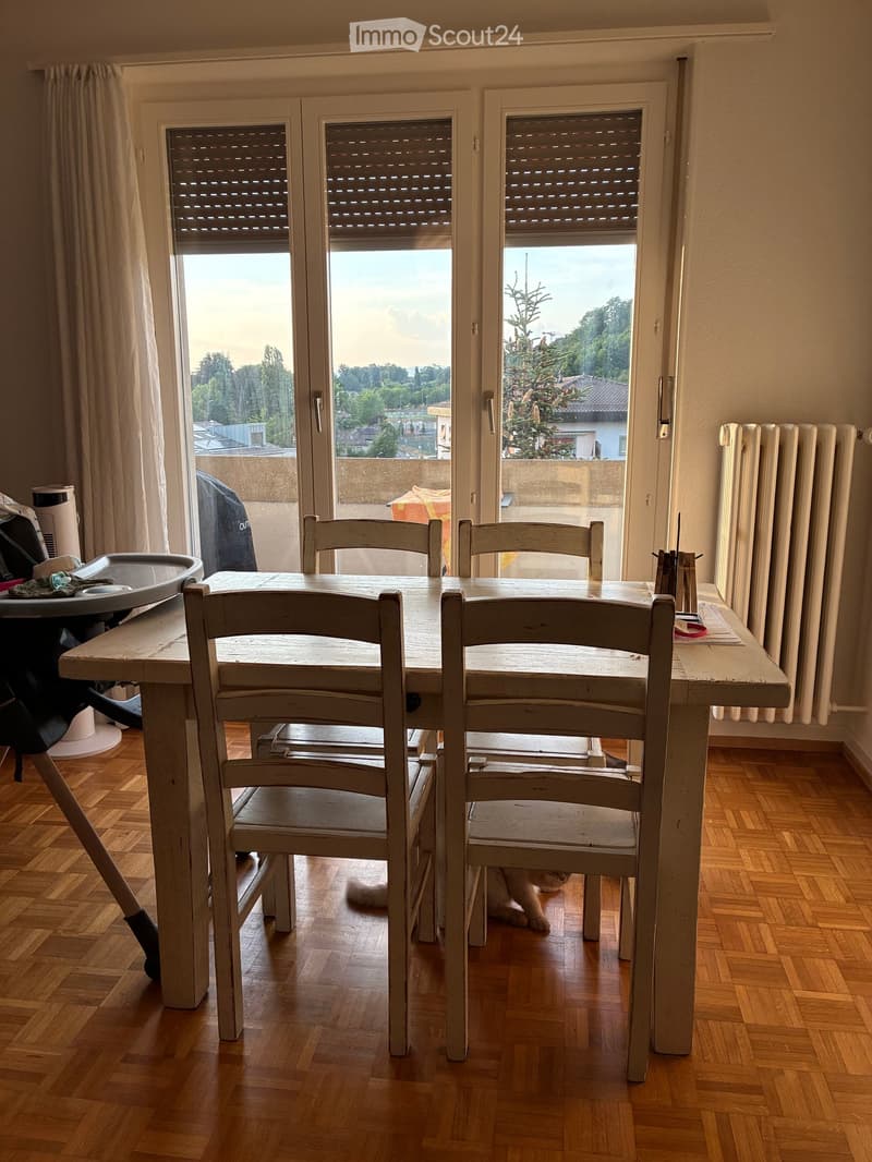 A kitchen with a wooden table and four matching chairs, a radiator on the wall, and a cat sitting under the table. The room has wooden flooring and large windows with blinds, offering a view of the outside.