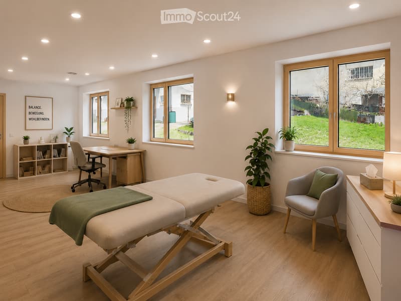 Bright, modern room with wooden flooring, large windows, massage table, desk, office chair, bookshelf, and plants.