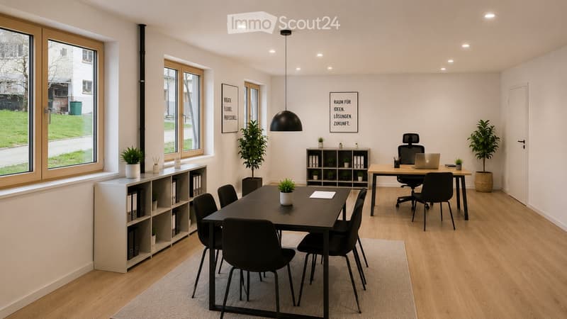 Modern office space with a large conference table, chairs, a desk with a laptop, shelves, and plants.