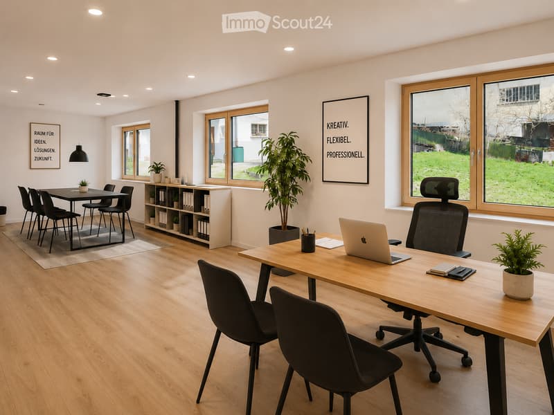 Bright, modern office space with wooden flooring, large windows, a desk with a laptop, chairs, a small table with stools, shelves, and plants.
