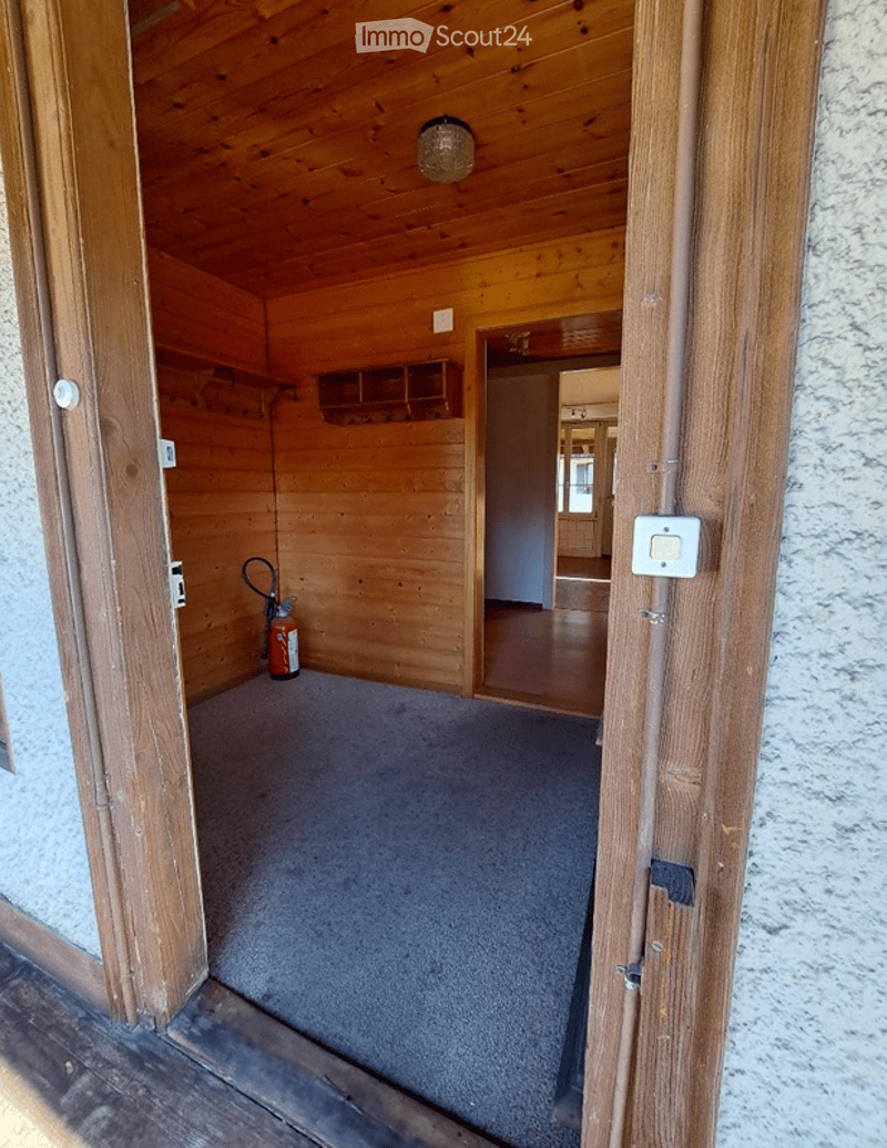 Empty room with wooden walls and ceiling, carpeted floor, small built-in shelf, and a visible fire extinguisher. The room is unfurnished and appears to be a storage or utility space.