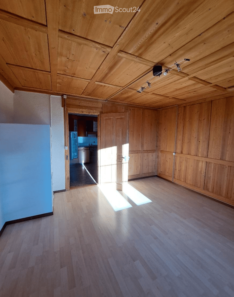 Empty room with wooden walls and floor, natural light from a doorway leading to another room.