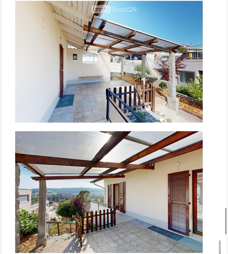 Balcony with wooden pergola, stone walls, wooden fence, and scenic view of the countryside.