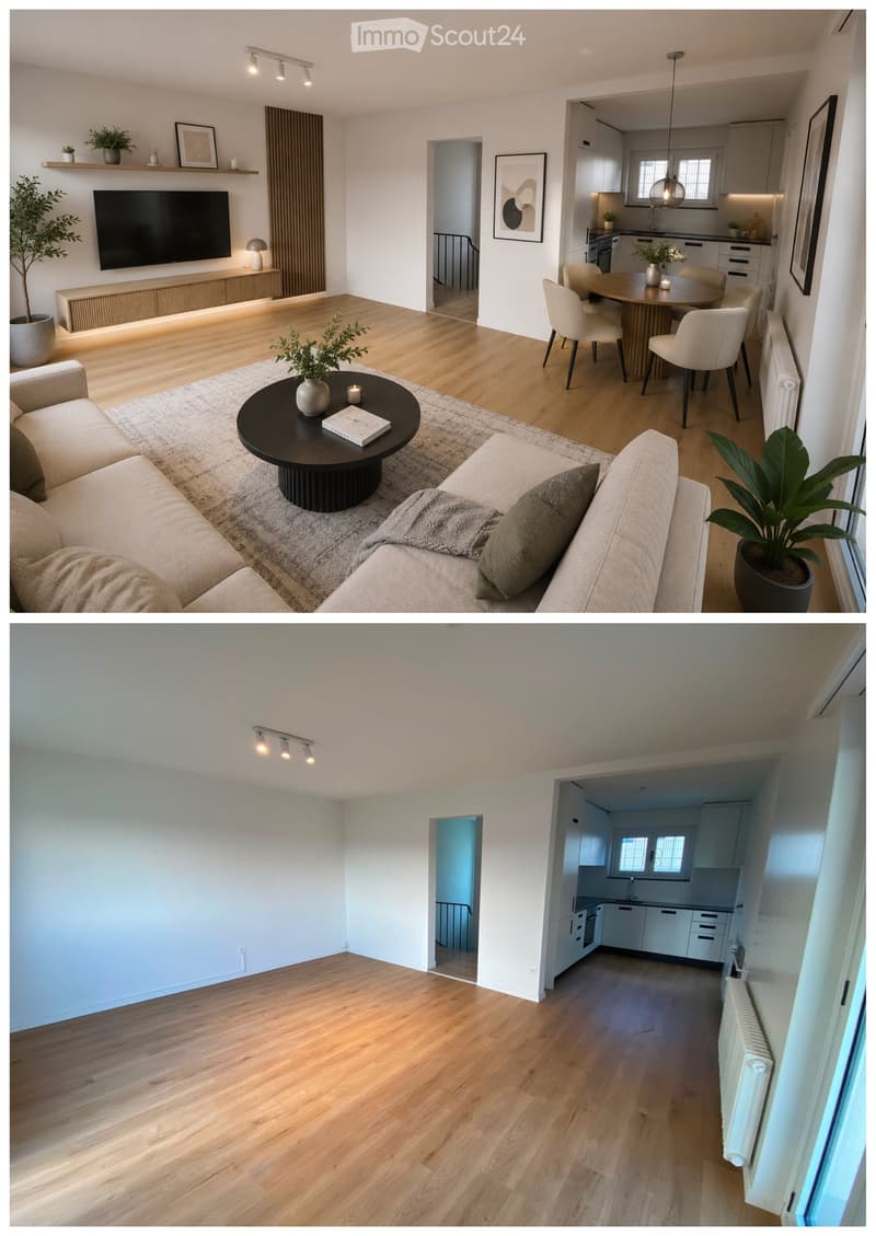 Modern living room with a sofa, coffee table, dining area, and kitchen. Features wooden flooring, large windows, and contemporary decor.