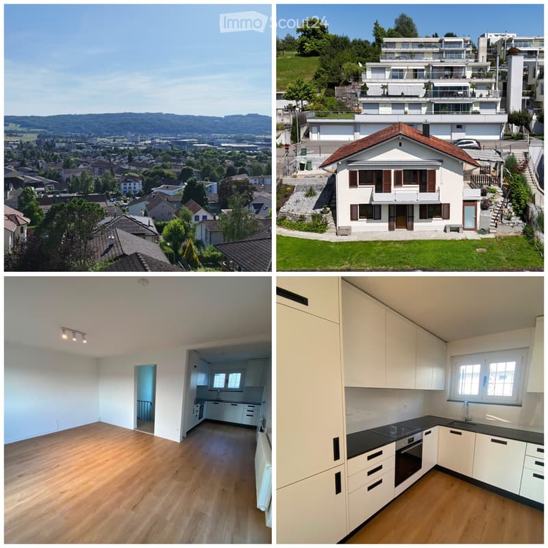 Four images: top left shows a scenic city view with hills and houses; top right shows a modern multi-story house with balconies and a smaller house in the foreground; bottom left shows an unfurnished living space with wooden flooring and white walls; bott
