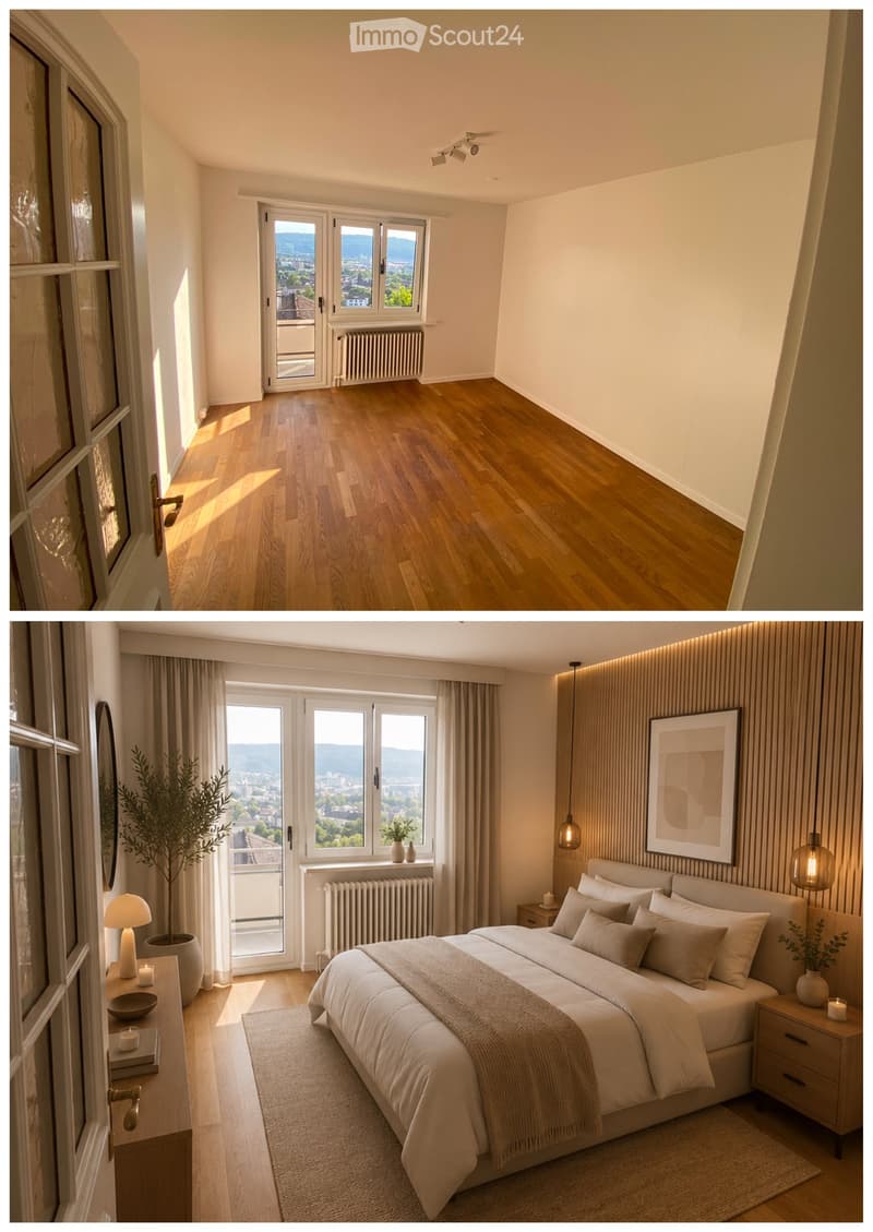 Modern, well-lit bedroom with wooden flooring, large windows offering a scenic view, a neatly made bed with pillows and a blanket, nightstands with lamps, a framed picture on the wall, and decorative plants.