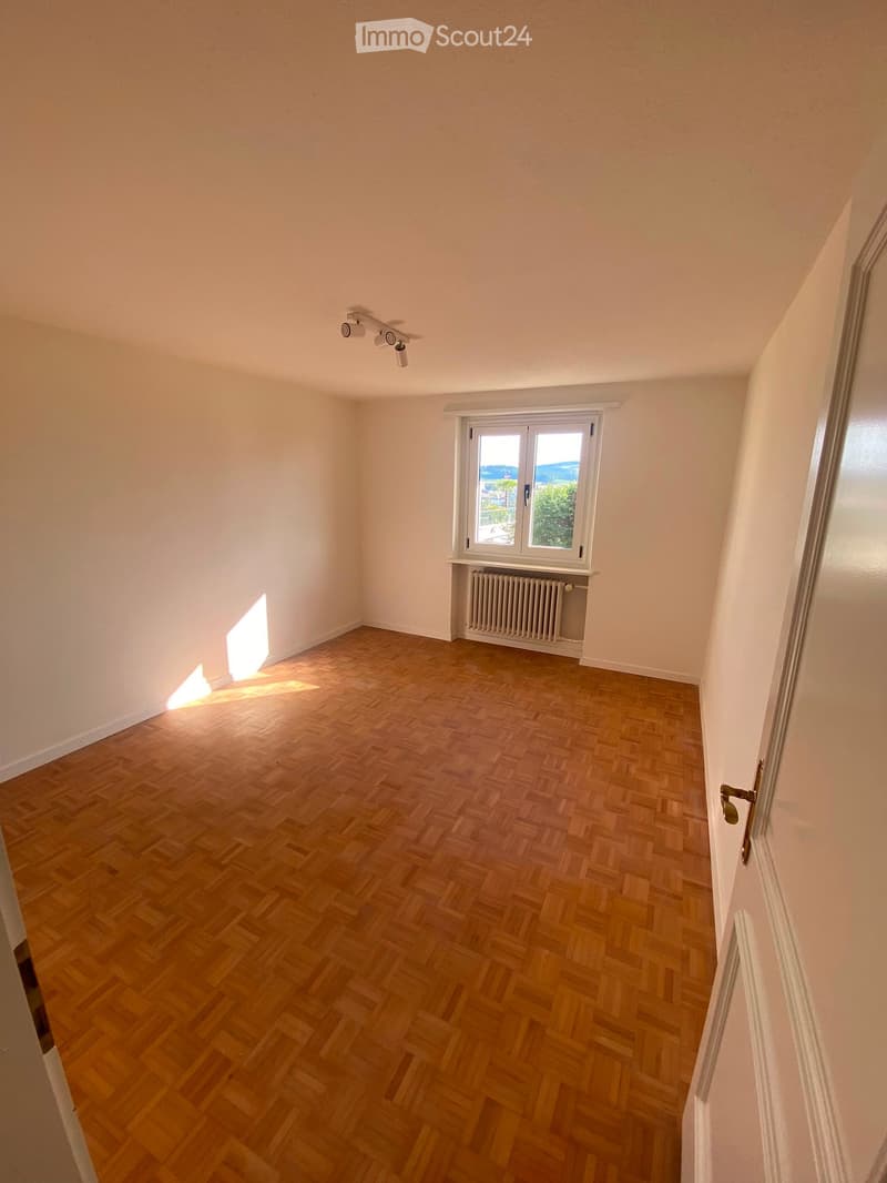 Empty room with wooden herringbone flooring, white walls, and a window with a radiator below. Natural light streams in from the window, illuminating the space.