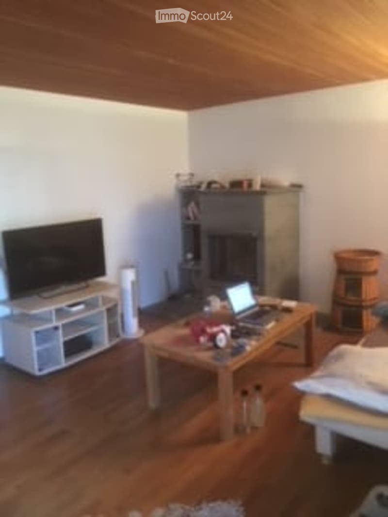 wooden floor, fireplace, flat screen TV, coffee table, laptop, storage cabinet, wooden barrel