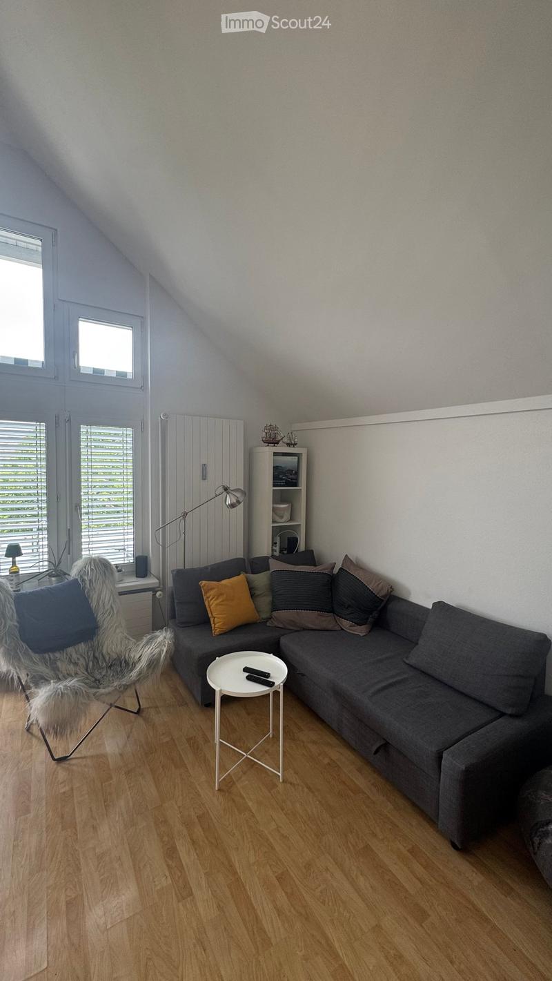Modern living room with a grey sectional sofa, multiple throw pillows, a small white coffee table, a fur-covered chair, and a floor lamp. The room features wooden flooring and large windows with blinds.