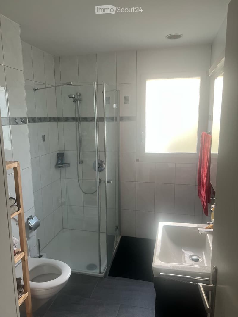 Modern bathroom with a glass-enclosed shower, toilet, sink, and a towel hanging on the wall. The space is well-lit with natural light from a window.
