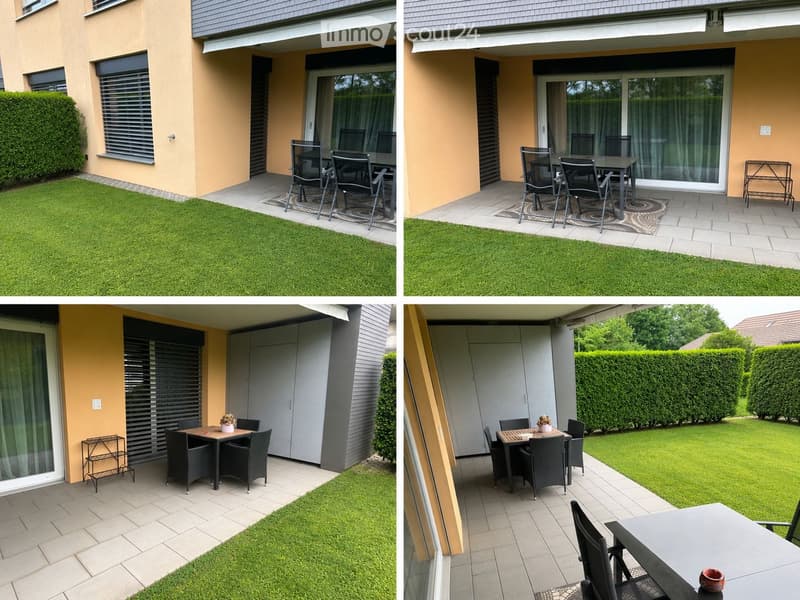 Four images of a modern patio area attached to a house, featuring a tiled floor, green artificial grass, a dining set with chairs and table, and a small side table. The house has light yellow walls, large windows with blinds, and a grey garage door.