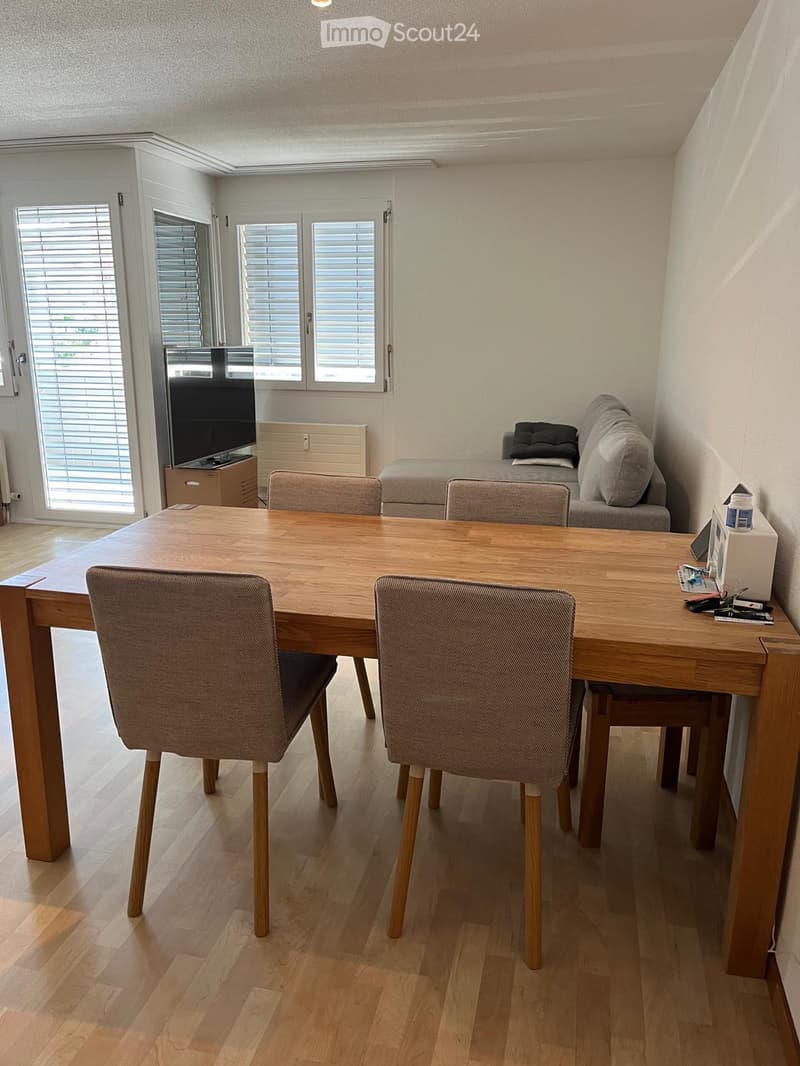 Bright, modern dining area with a wooden dining table, four chairs, a grey sofa, and a television on a stand. Large windows with blinds and a sliding glass door lead to an outdoor area.
