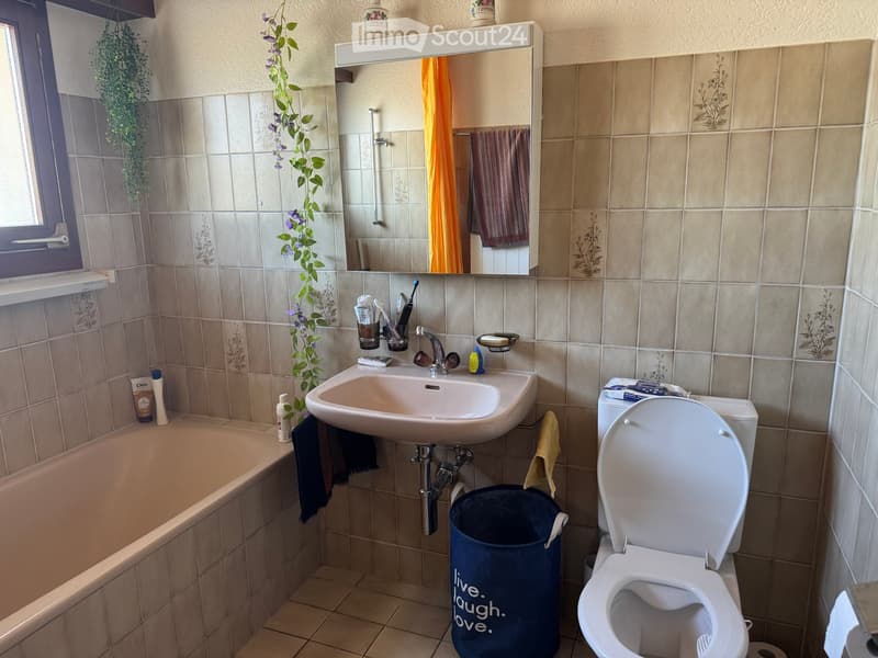 Bathroom with beige tiles, a white sink, a toilet, a bathtub, a mirror, and a window with a plant hanging from it.