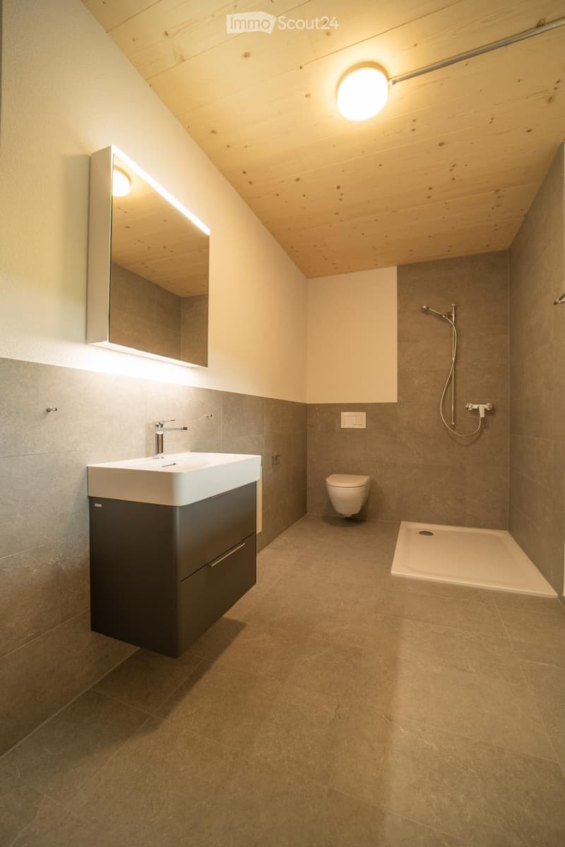 Modern bathroom with a white sink, dark vanity, mirror, toilet, and a shower area with a glass enclosure. The space features warm wooden ceilings and neutral tiled walls and floors.