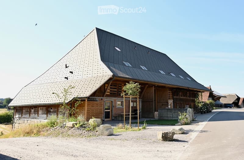 A large, modern barn-style building with a steep, dark metal roof and wooden walls, surrounded by a gravel area with scattered rocks and small plants.
