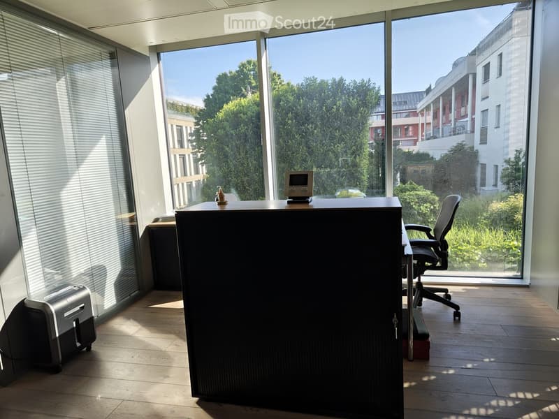 Modern office space with large windows, wooden floor, desk, office chair, screen, and printer.