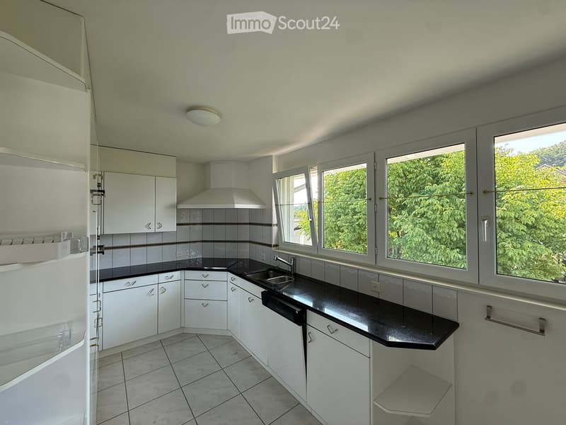 Modern kitchen with white cabinets, black countertops, stainless steel appliances, and large windows overlooking greenery.