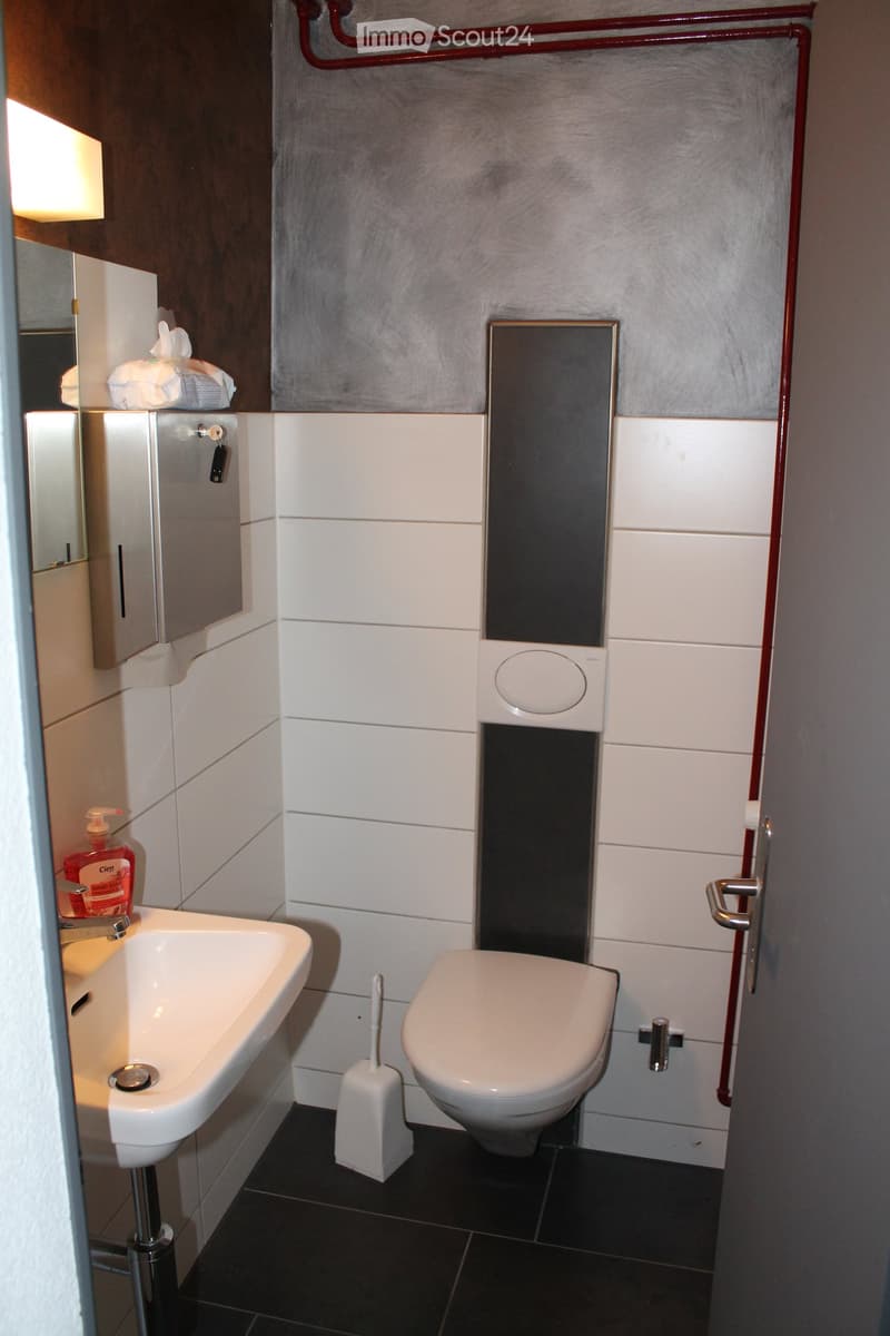 Modern bathroom with white tiles, a white sink, a toilet, a toilet brush, a hand soap dispenser, a mirror, and a cabinet.