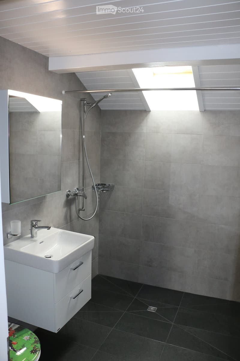 Modern bathroom with a white sink, chrome faucet, large mirror, and a shower area with a handheld showerhead and a built-in shelf. The walls are tiled in grey, and the floor is dark.