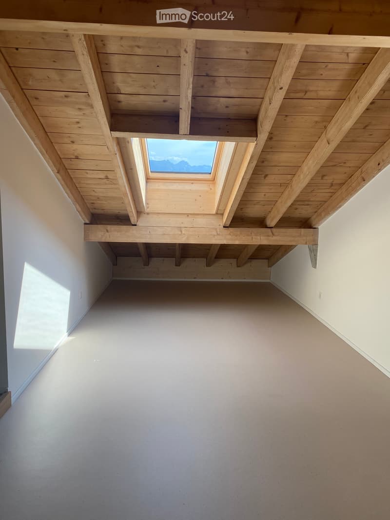 Empty room with exposed wooden ceiling beams and a skylight window, light-colored walls and floor.