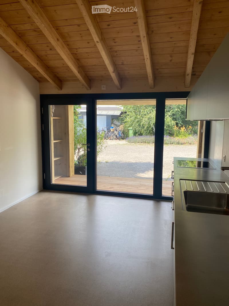 Modern kitchen with a sleek stainless steel sink, minimalist countertop, and large sliding glass doors leading to a wooden deck and garden area.