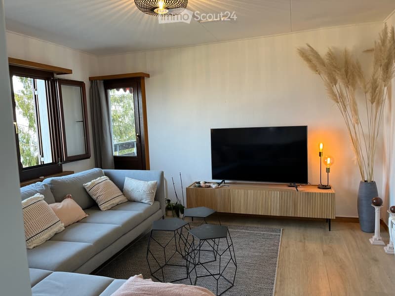 Modern living room with a grey sectional sofa, decorative pillows, a coffee table, a TV, and a floor lamp. The room features wooden flooring, large windows, and a decorative vase with tall plants.