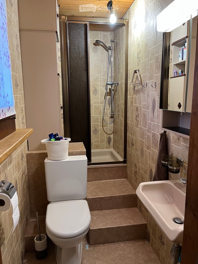Modern bathroom with beige tiles, a toilet, a sink, a shower, a mirror, and a cabinet. The shower has a glass door with leaf-patterned tiles.