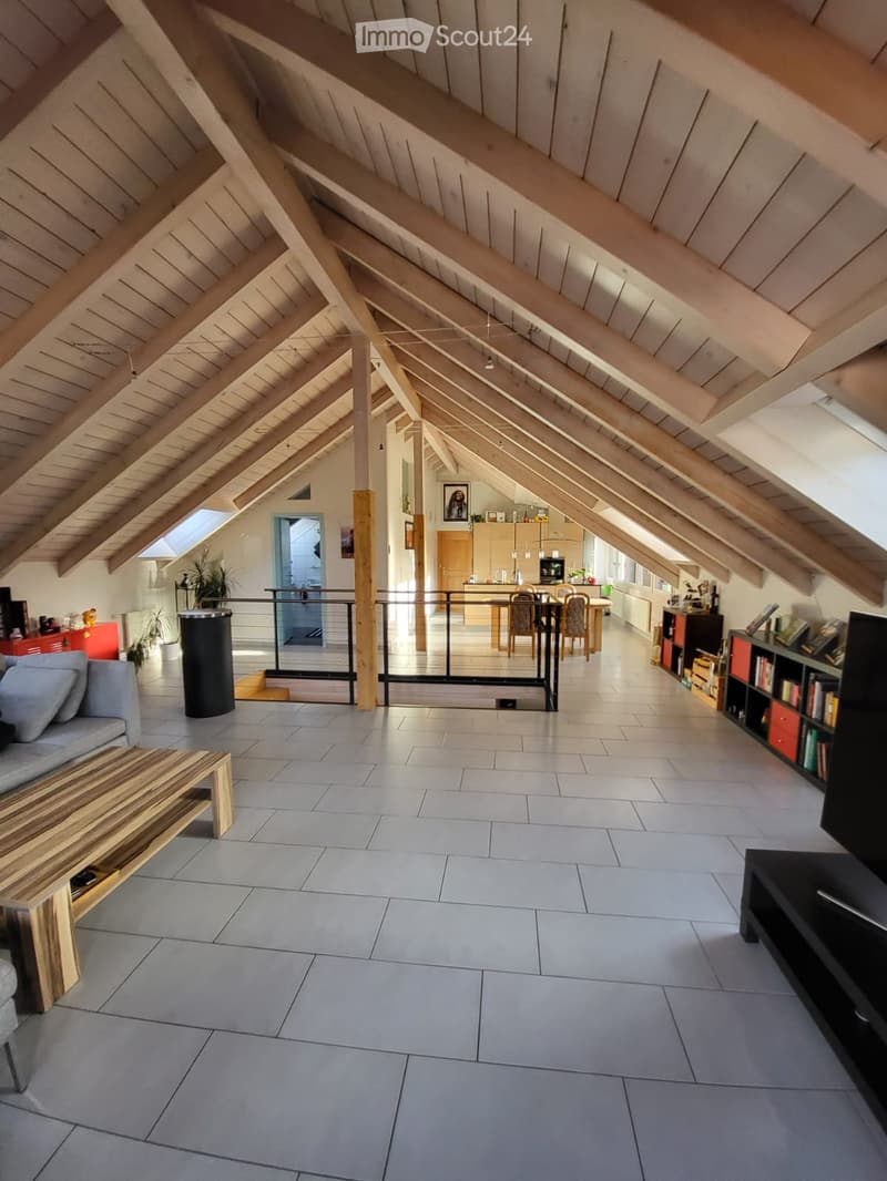 Open-plan living and dining area with exposed wooden beams, grey sofa, wooden coffee table, TV stand, bookshelf, dining table with chairs, kitchen counter, and a plant.