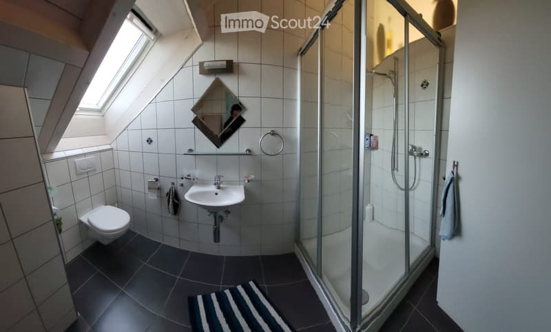 Modern bathroom with a toilet, sink, mirror, and a glass-enclosed shower. Features a dark tiled floor and a striped rug.