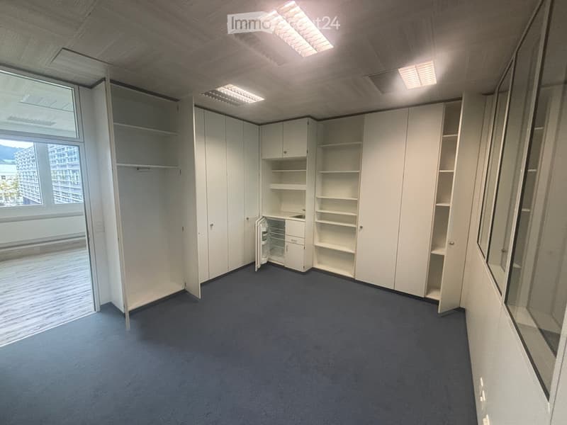 empty room with built-in wardrobes, window, gray carpet, small refrigerator