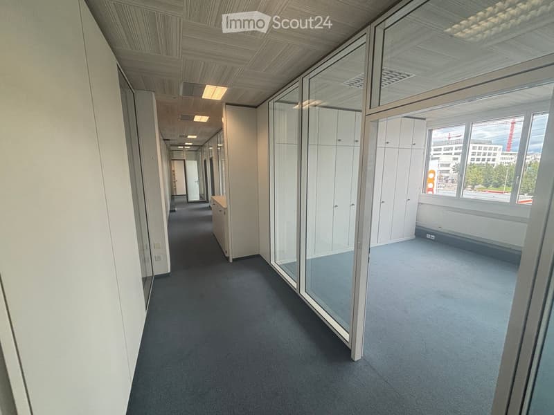 an empty hallway with gray floors, white walls, and glass office doors