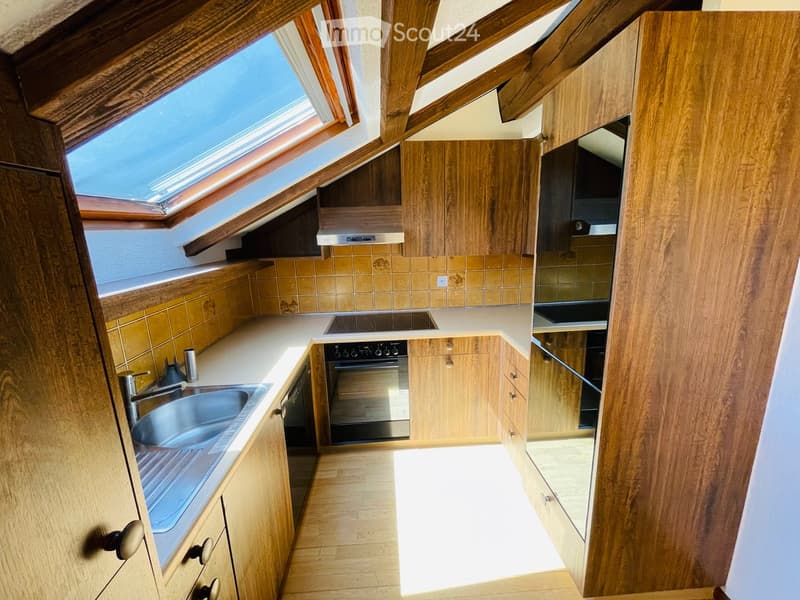 Modern kitchen with wooden cabinets, stainless steel appliances, and a skylight window above the sink.
