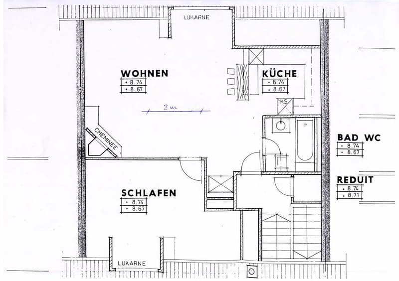 Floor plan showing a living area (WOHNEN), kitchen (KÜCHE), bedroom (SCHLAFEN), bathroom (BAD WC), and a small room labeled REDUIT.
