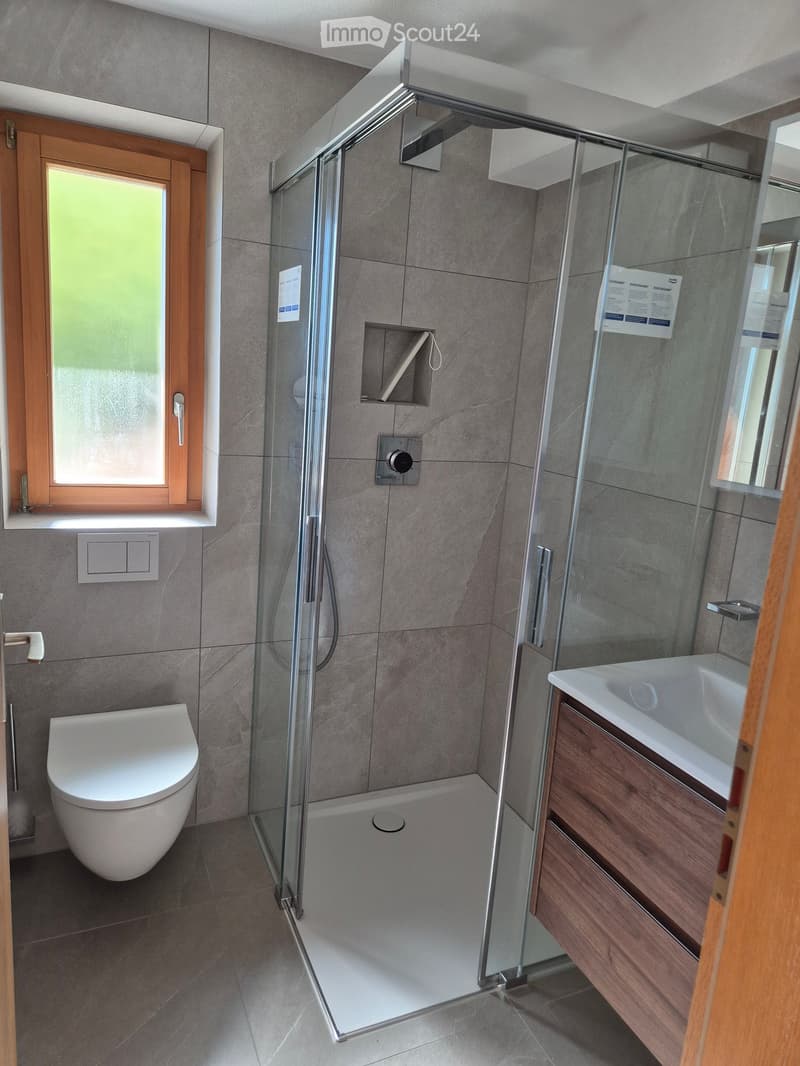 Modern bathroom with a glass-enclosed shower, toilet, sink with wooden cabinet, and a window with wooden frame.