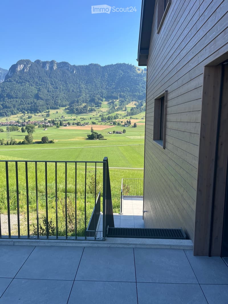 Balcony with modern metal railing, overlooking a lush green valley and distant mountains.