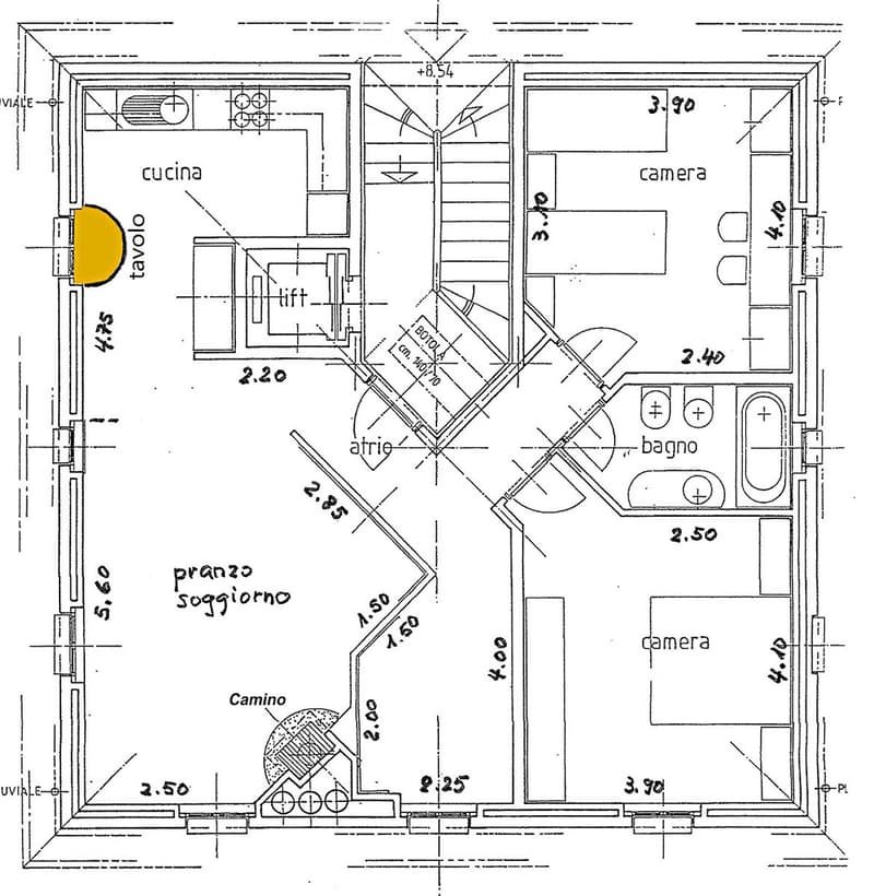 Floor plan showing a kitchen, living room, two bedrooms, and a bathroom. Includes a dining area, hallway, and fireplace.