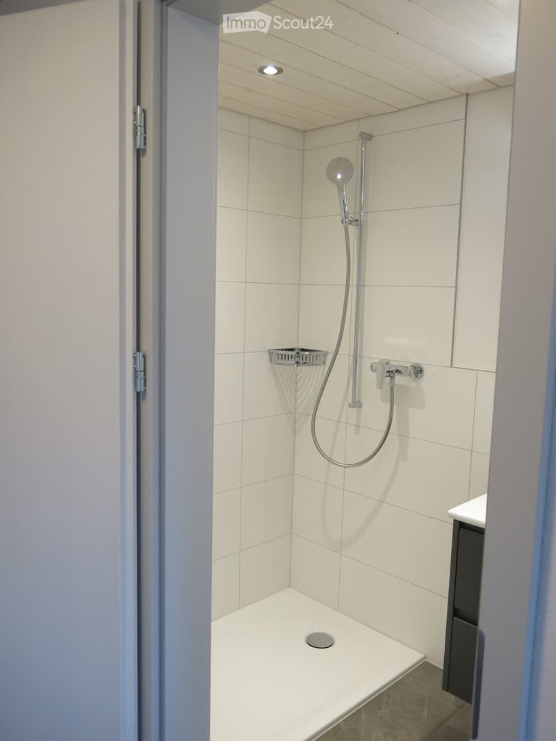 Modern, compact shower area with white tiles, a handheld showerhead, and a built-in shelf for toiletries.