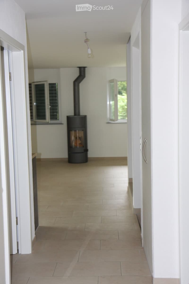 A long, narrow hallway with tiled flooring, white walls, and a central wood-burning stove with a chimney. The hallway has multiple doors and windows, with natural light coming through the windows.