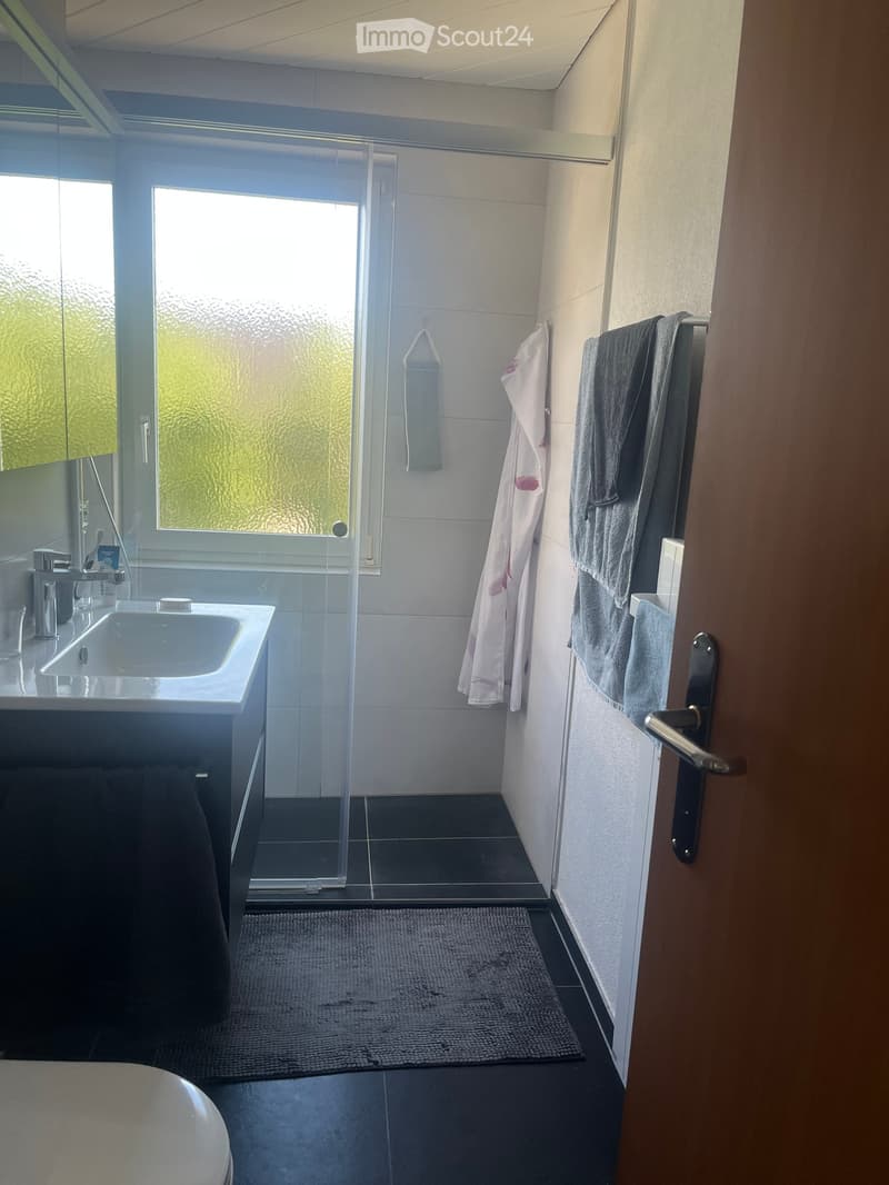 Modern bathroom with a sink, mirror, glass shower enclosure, towels, and a bathrobe hanging on the wall.