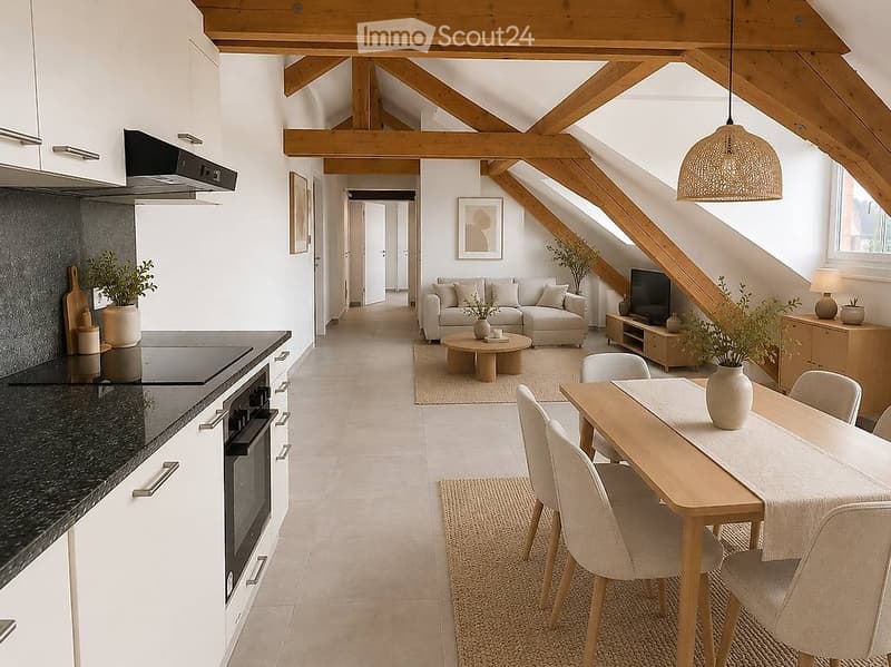 Open-plan living and dining area with exposed wooden beams, modern kitchen, sofa, coffee table, dining table, and chairs.