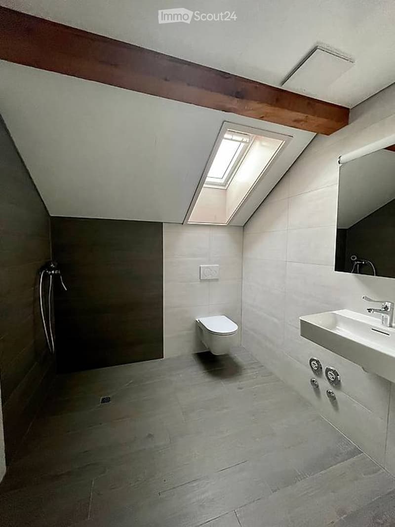 Modern bathroom with a skylight window, white tiles, a toilet, a sink with a mirror, and a sleek faucet.