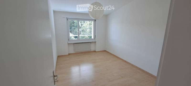 Empty room with wooden flooring, white walls, a window with blinds, a radiator, and a hanging spherical light fixture.