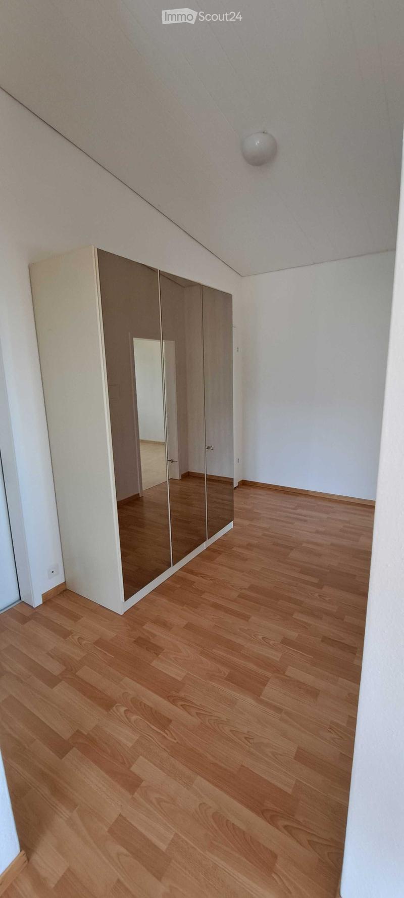 Empty room with wooden flooring, white walls, and a large mirrored wardrobe unit. The ceiling has a sloped design typical of an attic space.