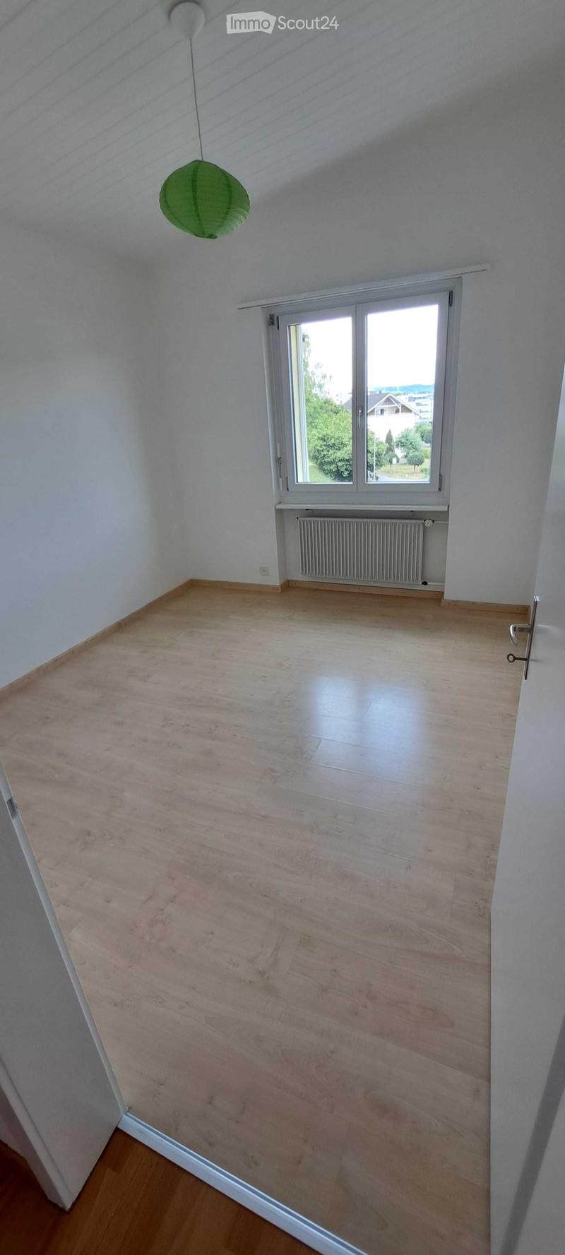 Empty room with light wooden flooring, white walls, a large window with a view, and a radiator below the window. A green hanging lantern is visible on the ceiling.