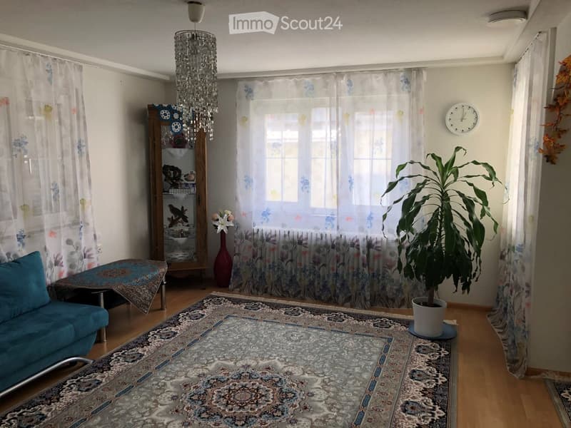 A well-lit living room with a blue sofa, a patterned rug, a chandelier, a wooden cabinet with a mirror, a vase, and a potted plant.